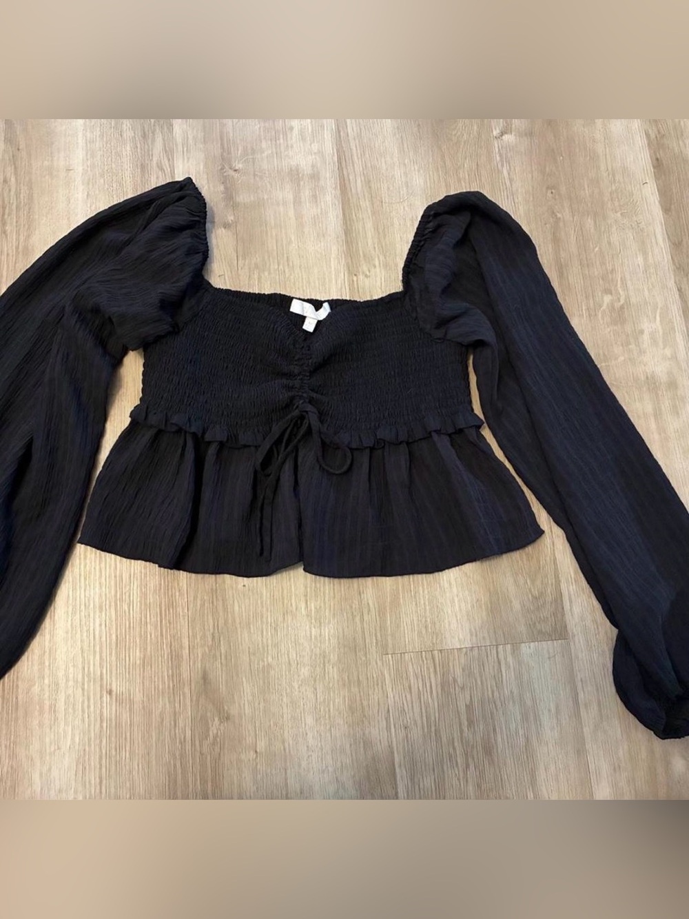 Women's WAYF Black Smocked Peplum Long-Sleeve Top Size M